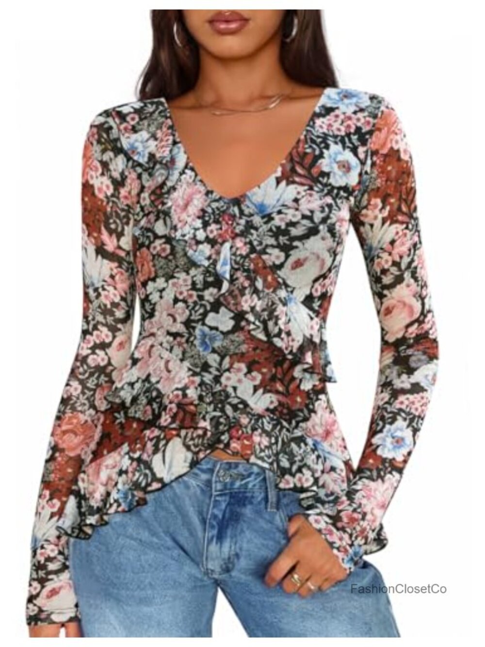 Women's Floral Ruffle Mesh Long Sleeve Blouse
